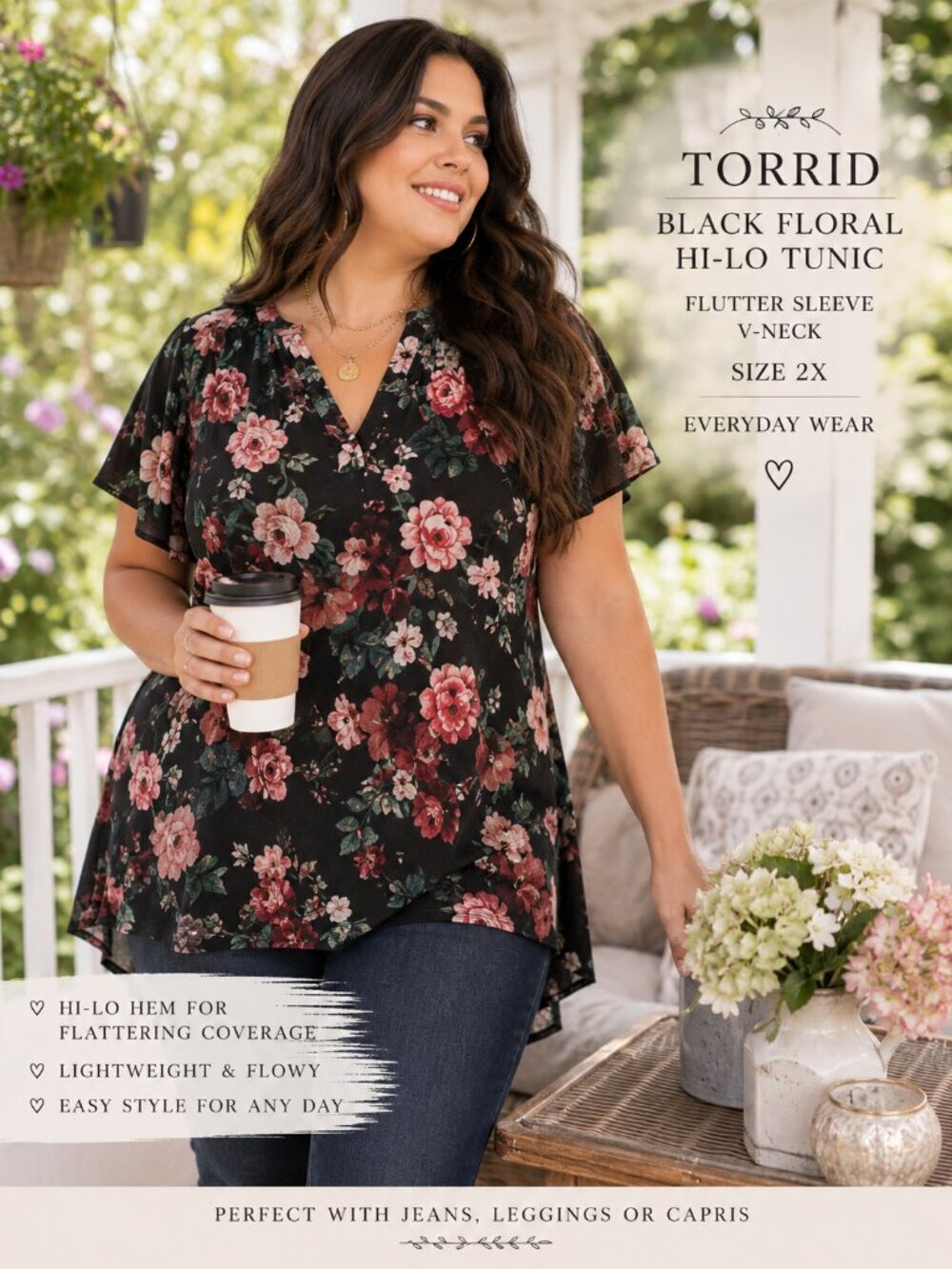 Torrid Black Floral Hi-Lo Tunic Flutter Sleeve V-Neck Size 2X